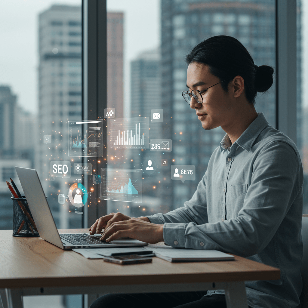 Professional studying an online marketing course with floating SEO, social media, and email icons in a modern digital workspace