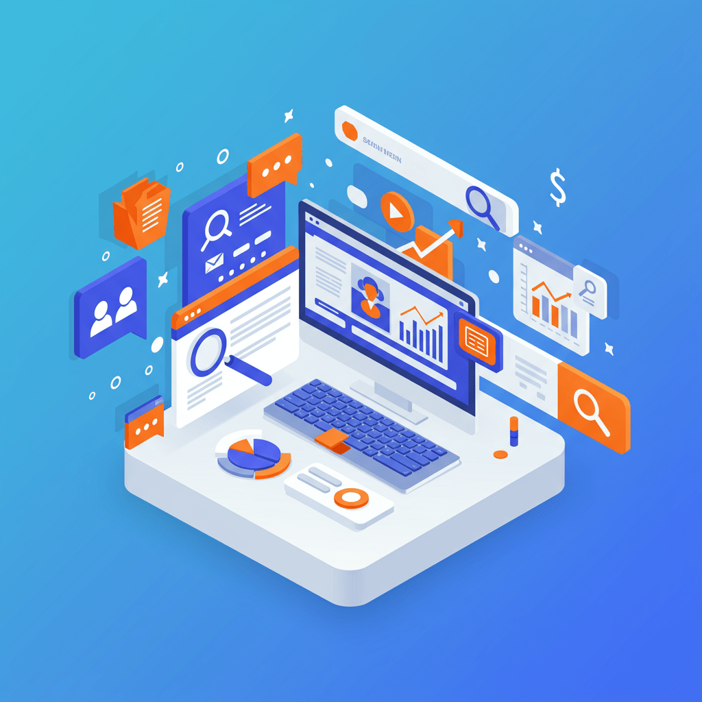 Dynamic visual representing SEO Marketing Techniques with abstract graphs, search icons, and interconnected data points symbolizing digital growth and optimization.