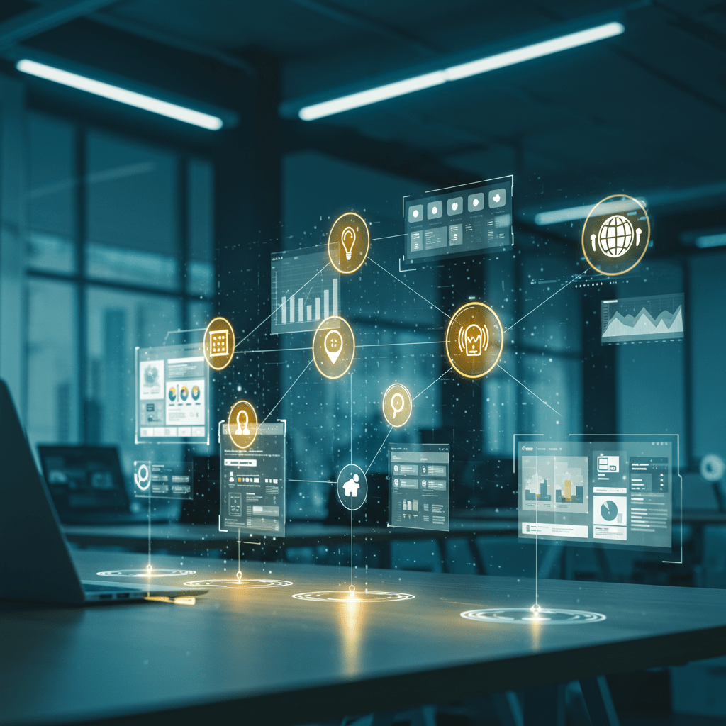 Abstract illustration symbolizing Website Design Excellence with interconnected digital elements, code, and growth graphs