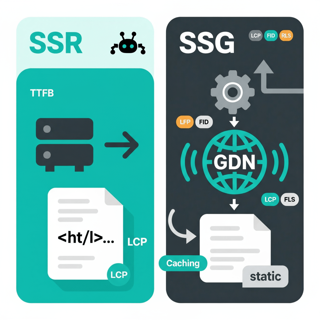 Diagram contrasting SSR and SSG pipelines for ssr vs ssg seo performance