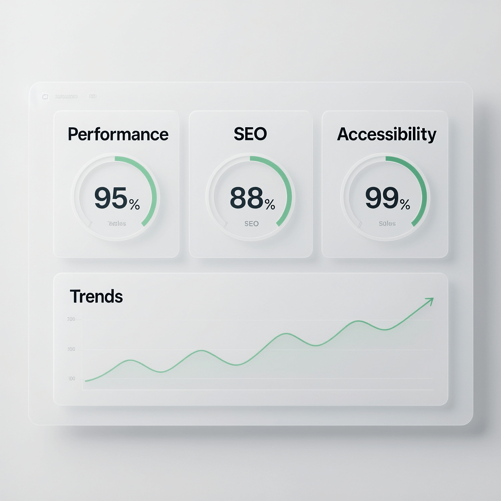 Dashboard view illustrating Chrome Lighthouse scoring improvements across performance and SEO