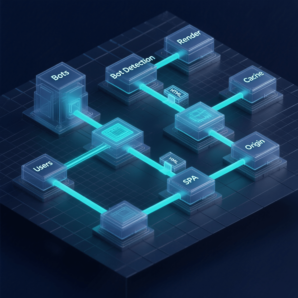 Diagrammatic hero showing dynamic rendering for Googlebot and users at the edge with cached HTML