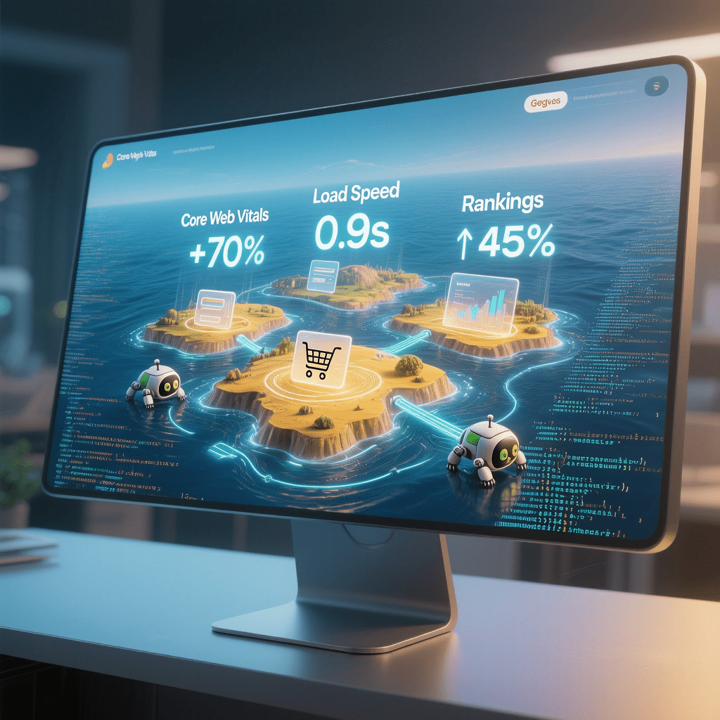 Island architecture SEO benefits visualization showing static HTML with interactive islands