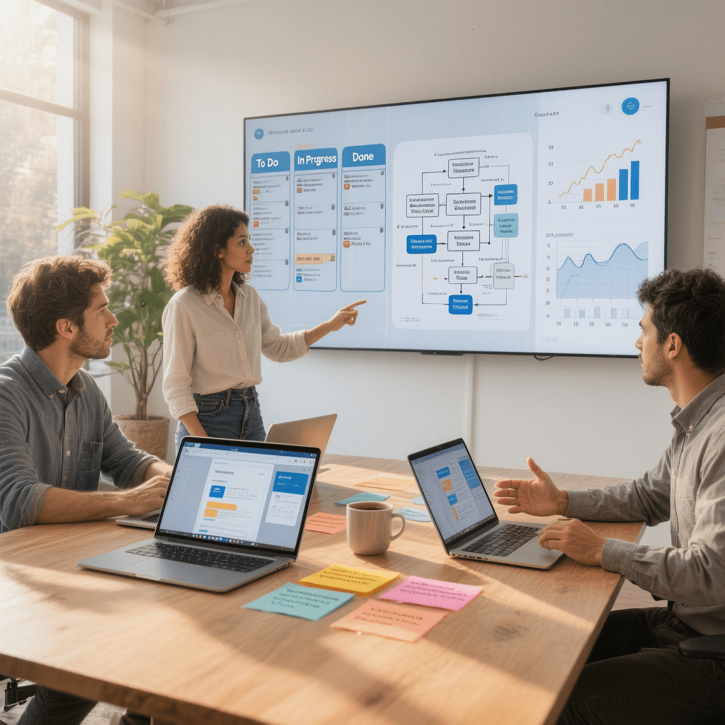 Modern team collaborating on web application development roadmap