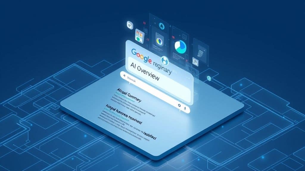 Illustration of a futuristic Google search result page featuring an AI-generated summary box labeled 'AI Overview', with floating data snippets and sources.