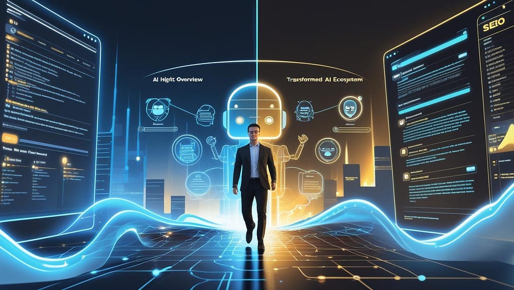 Illustration of a digital marketer riding a data wave into a future shaped by AI Overviews and LLM citations, leaving traditional SEO behind.
