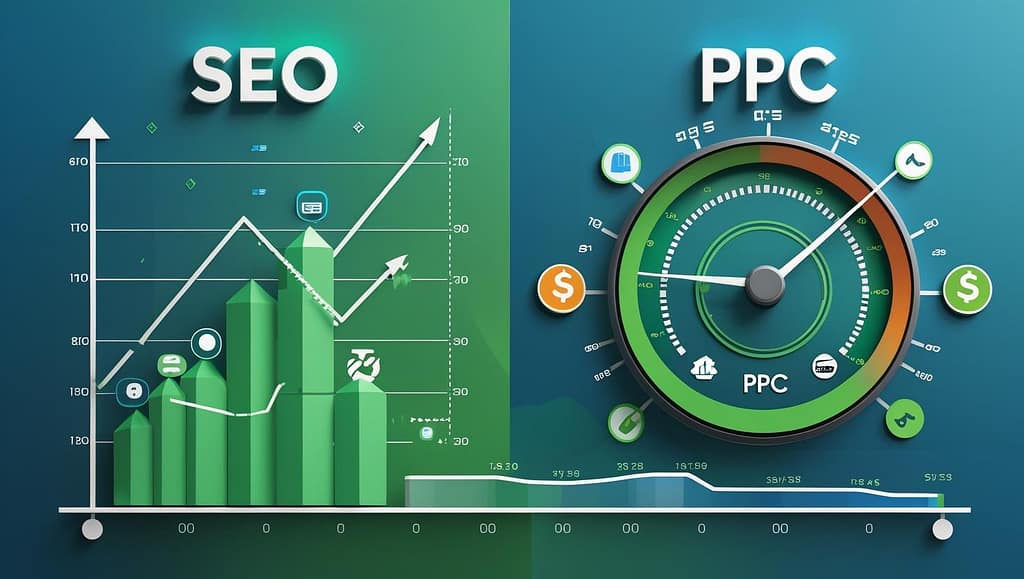 SEO vs PPC comparison showing traffic growth, cost efficiency, and conversion timelines