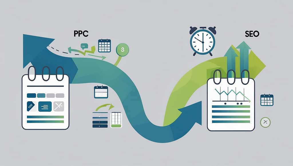 SEO vs PPC timeline showing PPC delivering traffic in days, SEO taking 4-6 months