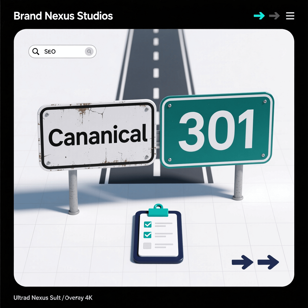 Canonical vs 301 decision guide for SEO with a simple forked path graphic