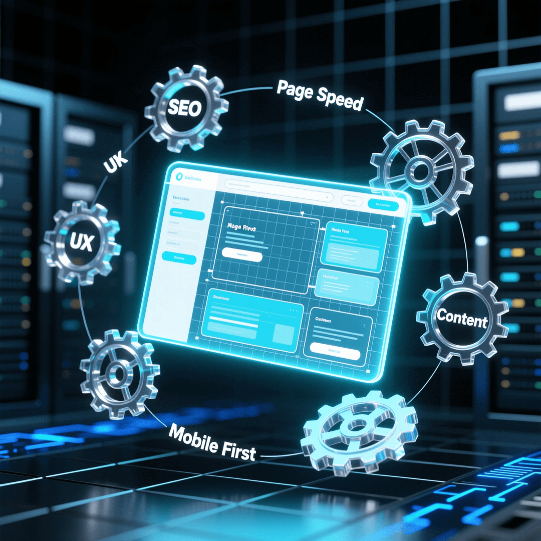 A digital blueprint of a website with interconnected gears labeled SEO, UX, and Design, demonstrating SEO-friendly website design.