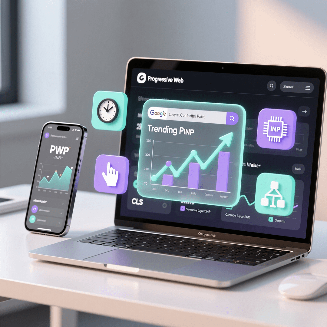 PWA SEO best practices guide hero image with app shell, search results, and performance gauges