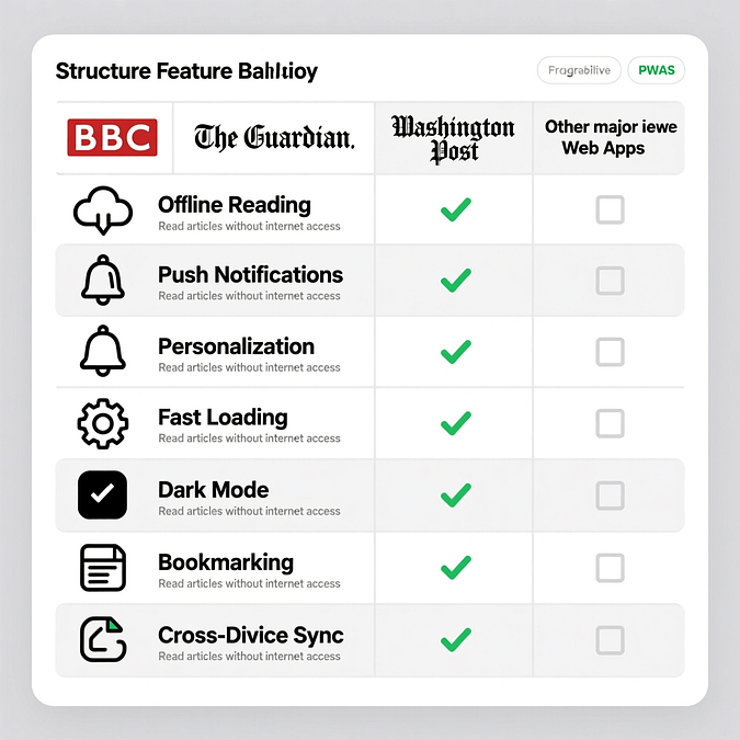 News PWA Features News organizations progressive web app examples feature comparison