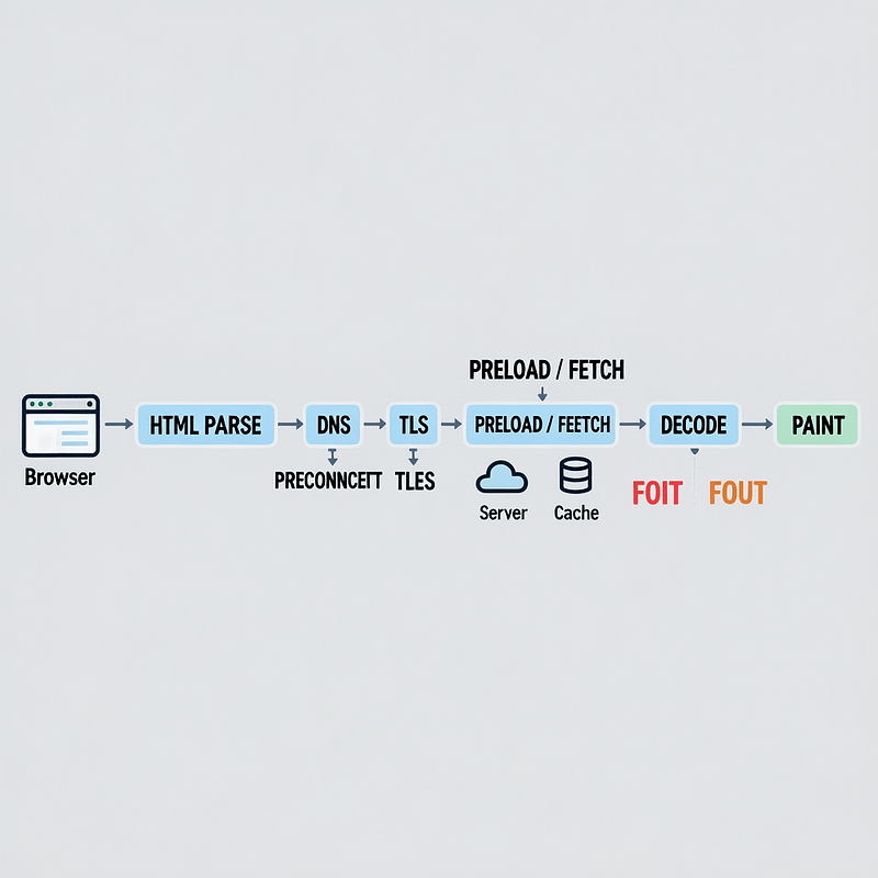 Font Loading Flow Diagram Diagram showing the font loading flow from HTML parse to CSS discovery, preconnect, preload, and paint