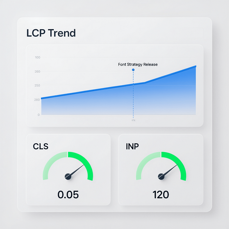 Performance Metrics Dashboard Dashboard with LCP, CLS, and INP metrics showing improved Largest Contentful Paint after font optimization