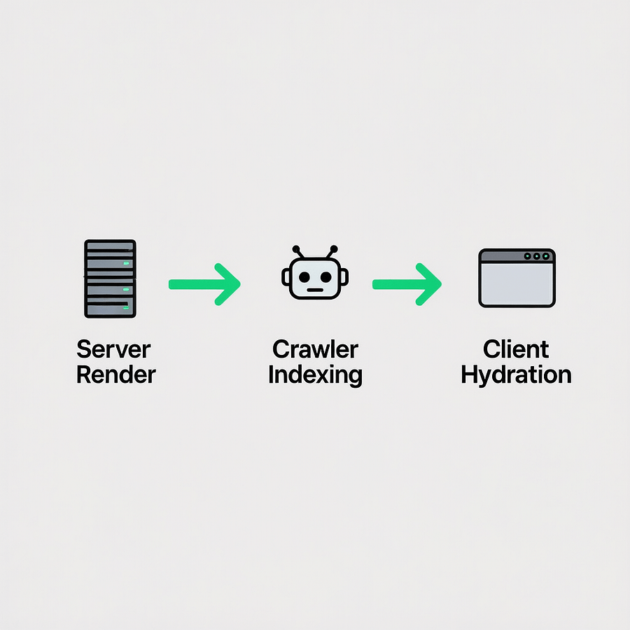 DSD SSR Indexing Workflow Workflow graphic of declarative shadow dom seo from server render to crawler indexing and hydration