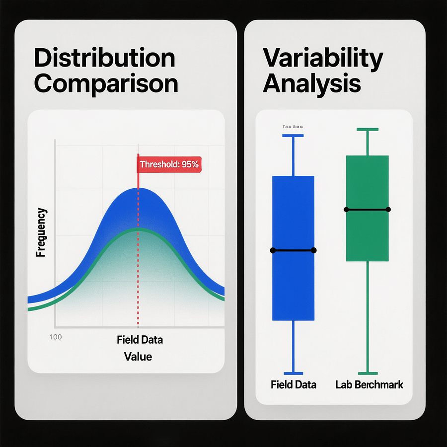 Field vs Lab Metrics Visual comparing field RUM distributions to lab benchmarks for custom metrics for core web vitals