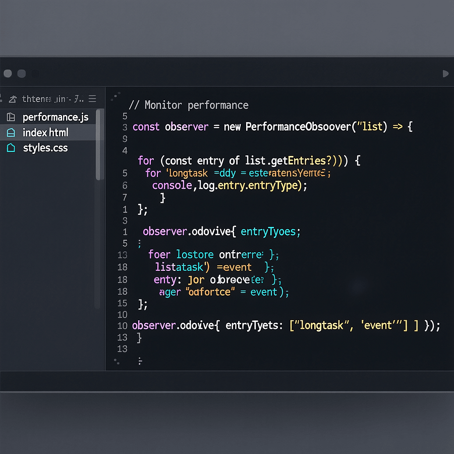 PerformanceObserver Code Sample Code sample showing PerformanceObserver hooks for custom metrics for core web vitals