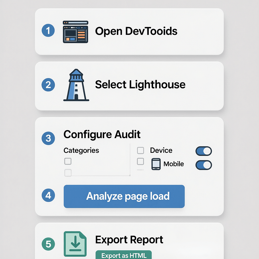 Run a Lighthouse Audit Step by step flow to run a Chrome Lighthouse scoring audit in DevTools