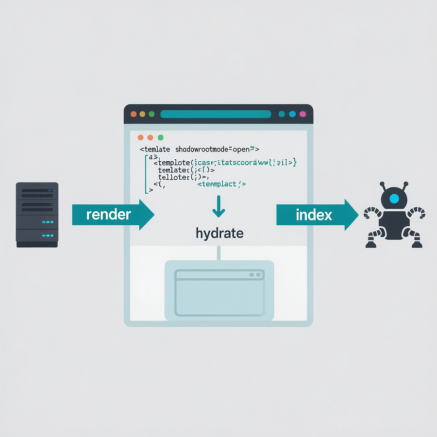 What and Why of Declarative Shadow DOM SEO Diagram showing declarative shadow dom seo with a server response that includes shadowroot HTML