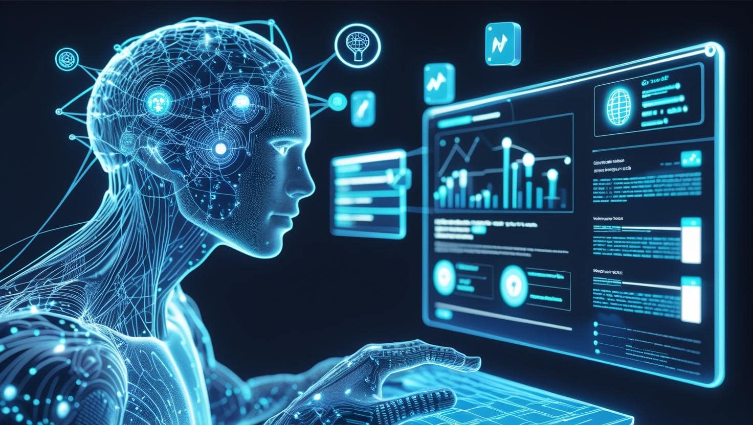 Futuristic AI system analyzing search results with digital citations, structured data, and strategy icons