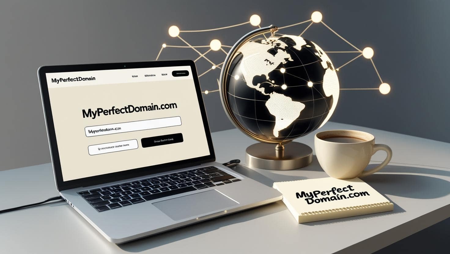 domain name selection process with digital globe and website icons