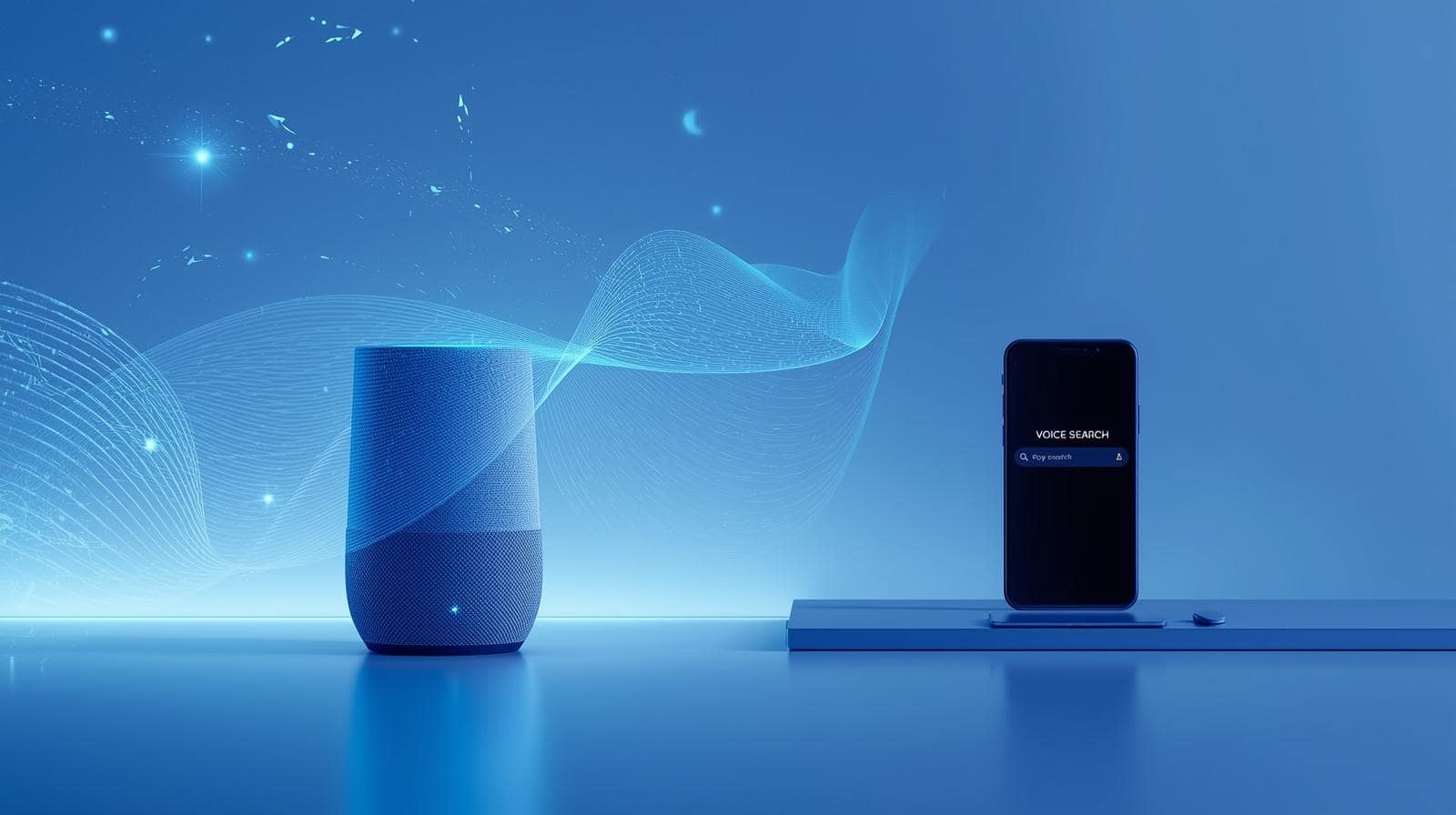 Voice search optimization featured image with smart speaker and holographic waves