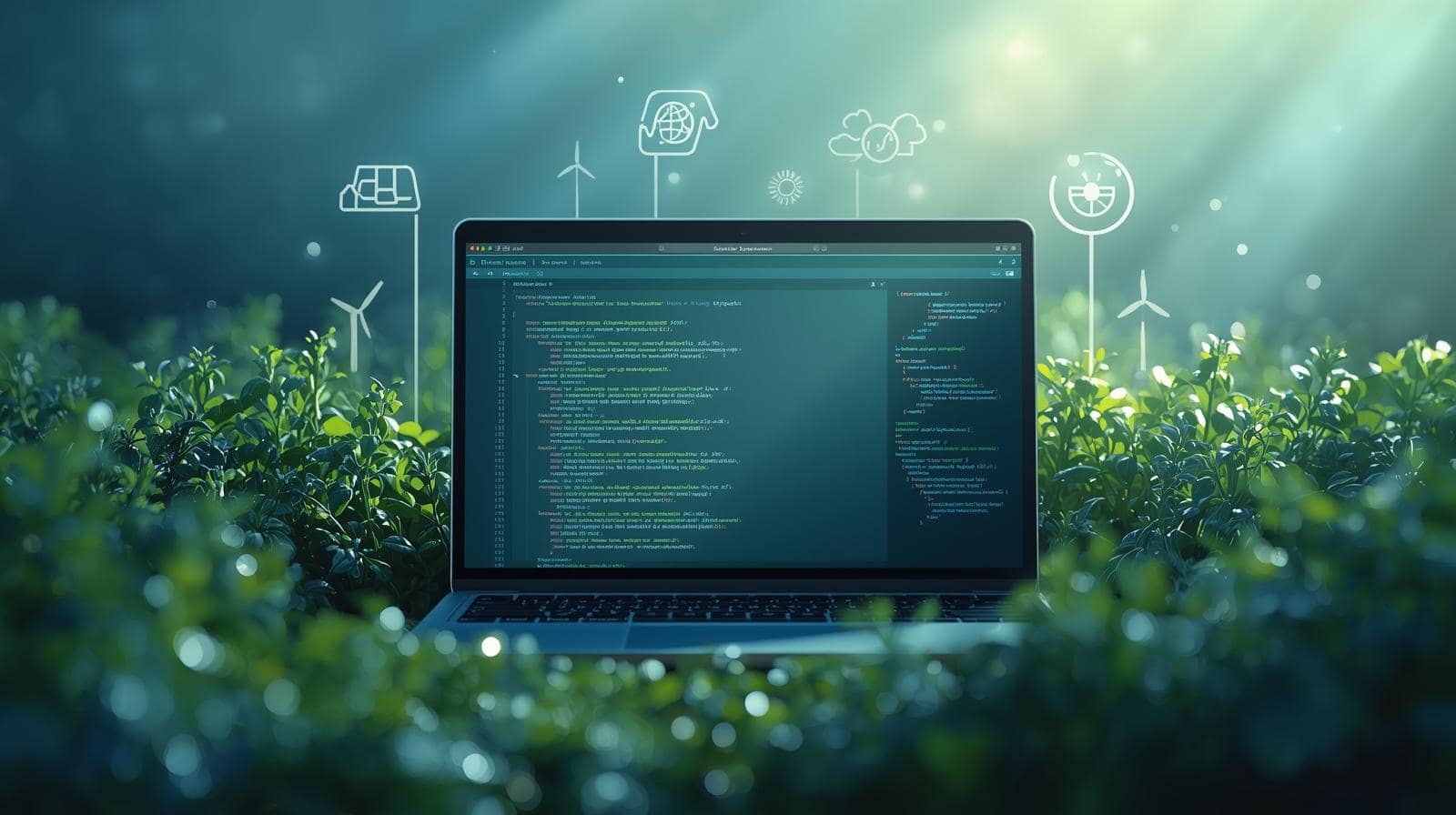 Sustainable web development SEO benefits on a laptop screen with eco-friendly design elements