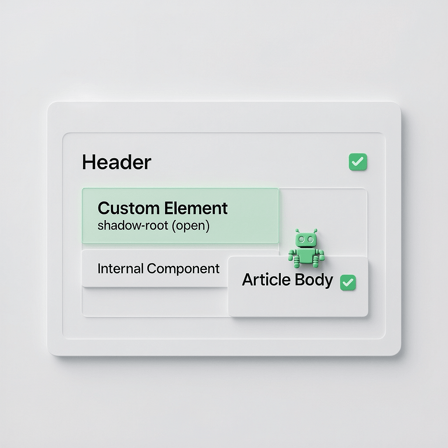 Feature - Declarative Shadow DOM SEO Feature visual that explains declarative shadow dom seo with server rendered components and crawler visibility