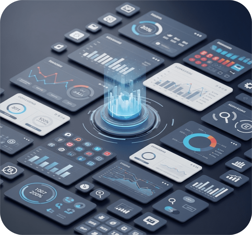 Dynamic digital marketing interface with data visualizations, charts, and icons for social media, search engines, and various marketing tools, symbolizing analytics, ROI, and a competitive landscape.