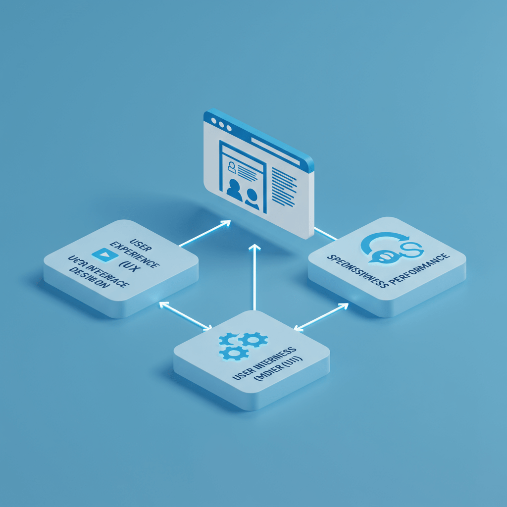 High-Performing Website Design Components Key Elements of Website Design - Visual representation of a website featuring prominent CTA buttons, engaging visuals, intuitive navigation, and trust badges.