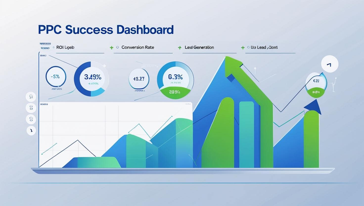 PPC Success Metrics Illustration of Successful PPC Campaigns metrics like ROI, conversion rate, and lead generation, with upward trending graphs.