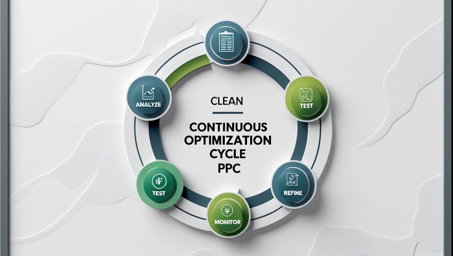 PPC Optimization Cycle Diagram illustrating the continuous optimization cycle of PPC: Analyze, Test, Implement, Monitor, and Refine.
