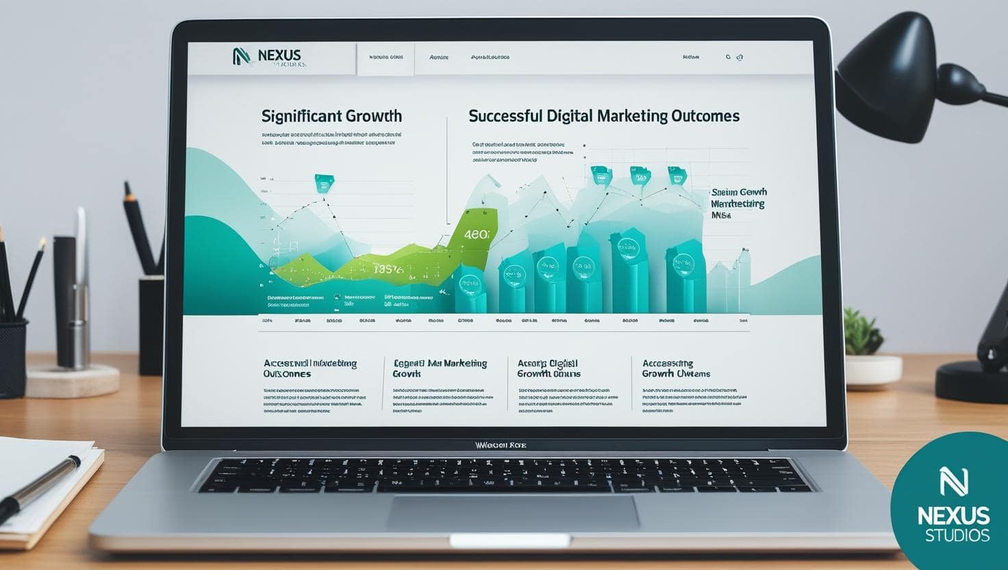 Brand Nexus Studios: Your Partner for Digital Growth A laptop screen displaying a website with charts and graphs, indicating growth and successful digital marketing outcomes, with a subtle Brand Nexus Studios branding.
