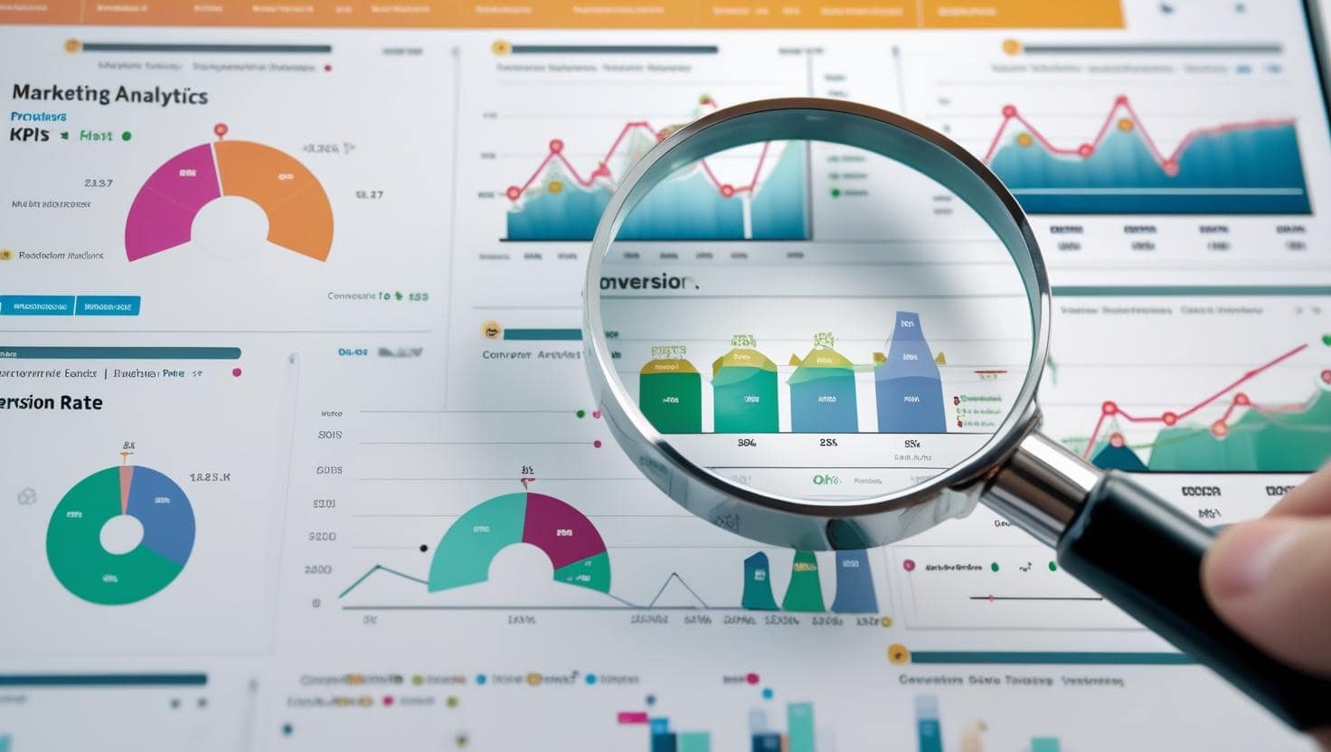 Data-Driven Marketing Insights Online Marketing Master,A dashboard displaying various marketing analytics charts and graphs, with a magnifying glass hovering over a key metric, symbolizing data-driven decision making.