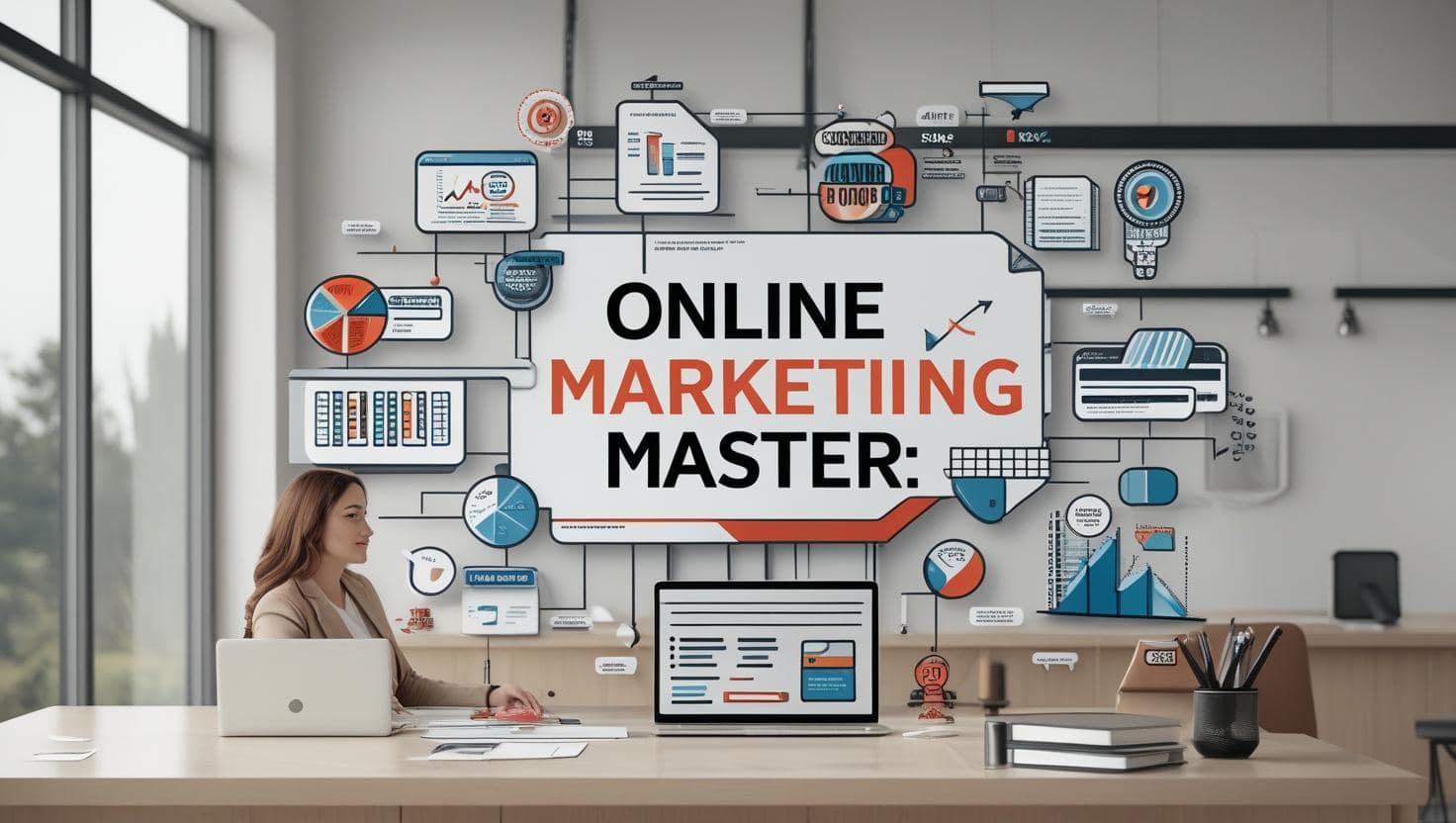Online Marketing Mastery: The Digital Frontier Abstract representation of digital data streams and glowing hexagons, symbolizing advanced online marketing strategies and expertise.