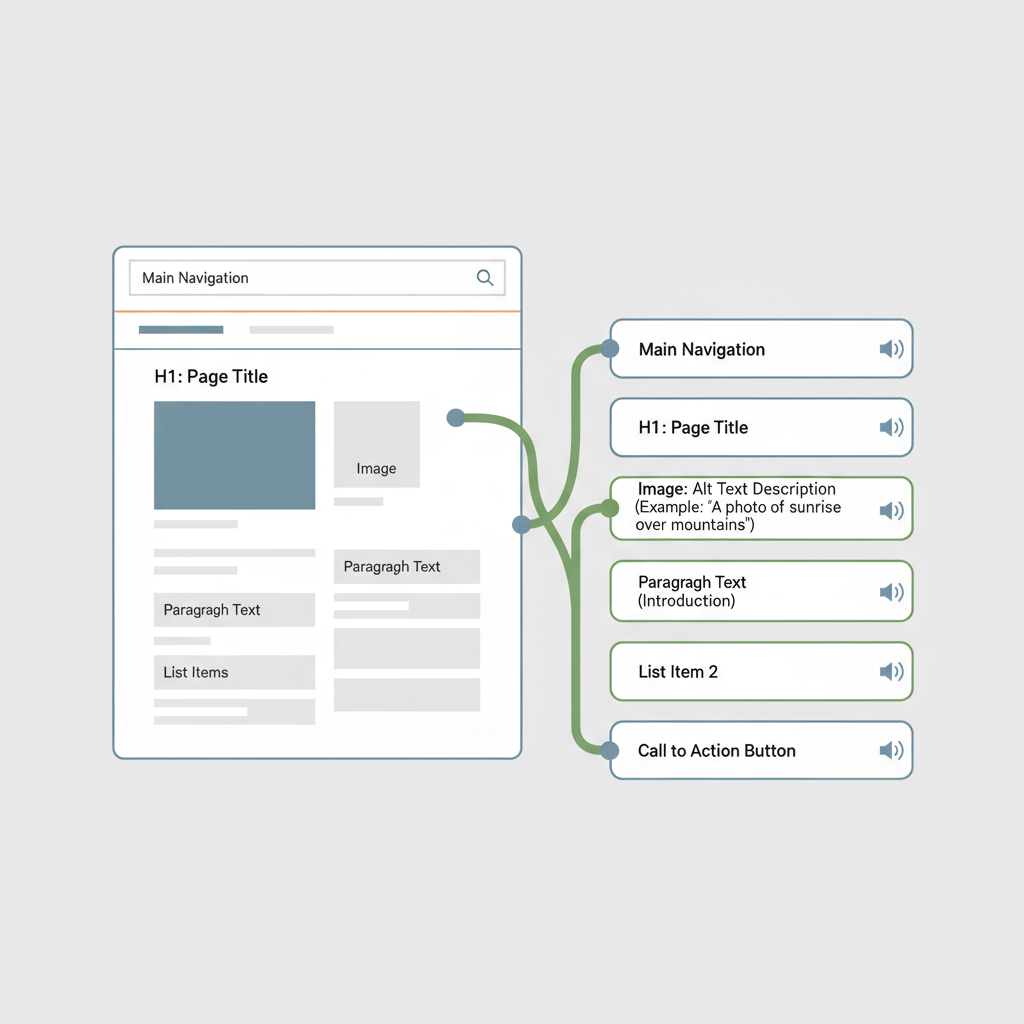 Experiencing a Website with a Screen Reader An abstract visual representing how a screen reader interprets a webpage, showing elements in a linear, audible order.