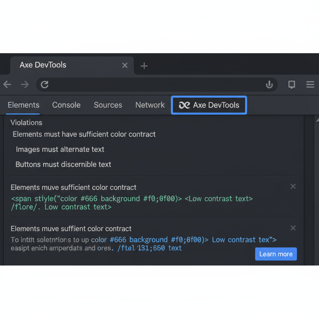 Axe DevTools for Developers A view of Axe DevTools integrated into a browser's developer panel, listing specific accessibility violations to fix.