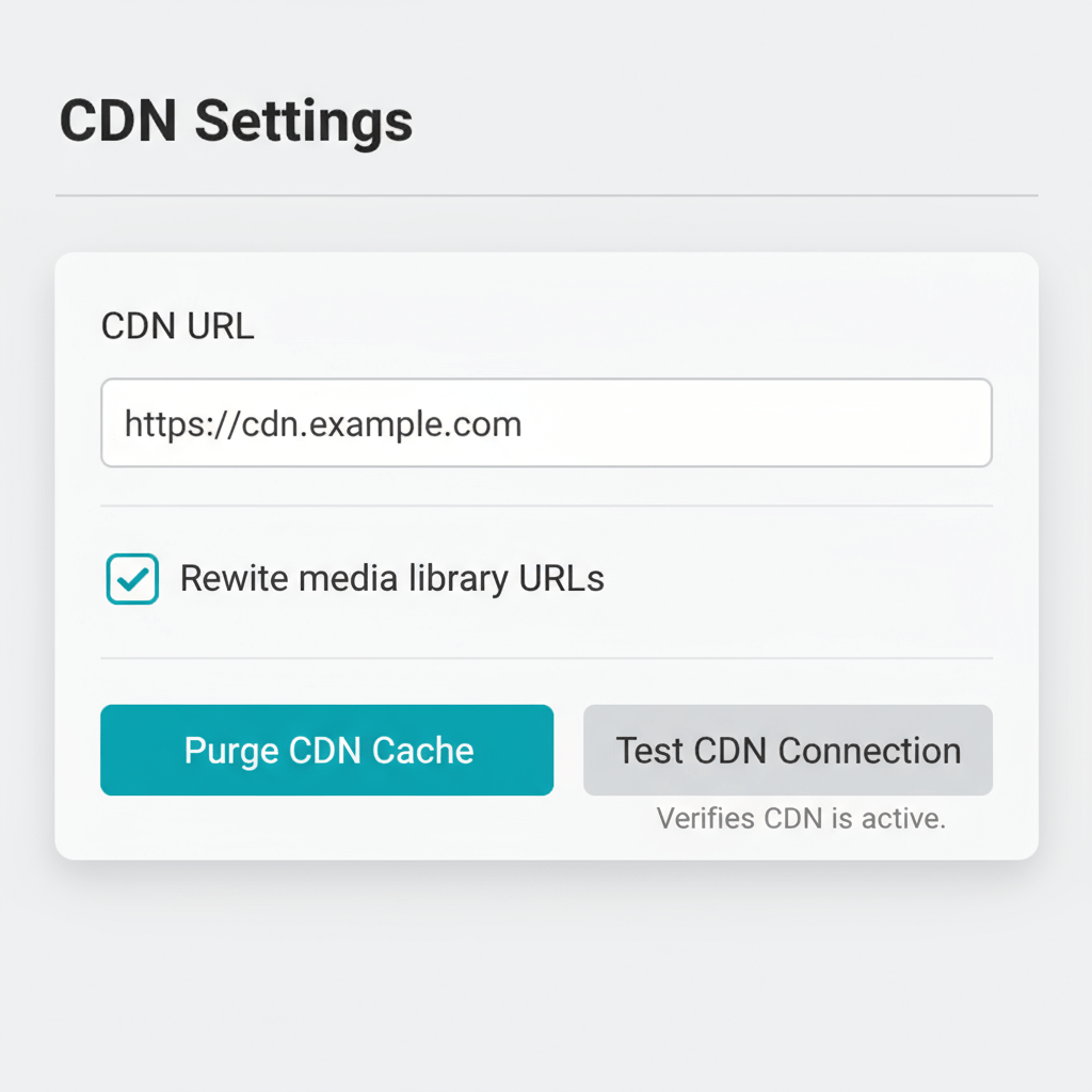 WordPress CDN Settings WordPress CDN settings UI showing mapped media URLs and cache purge controls