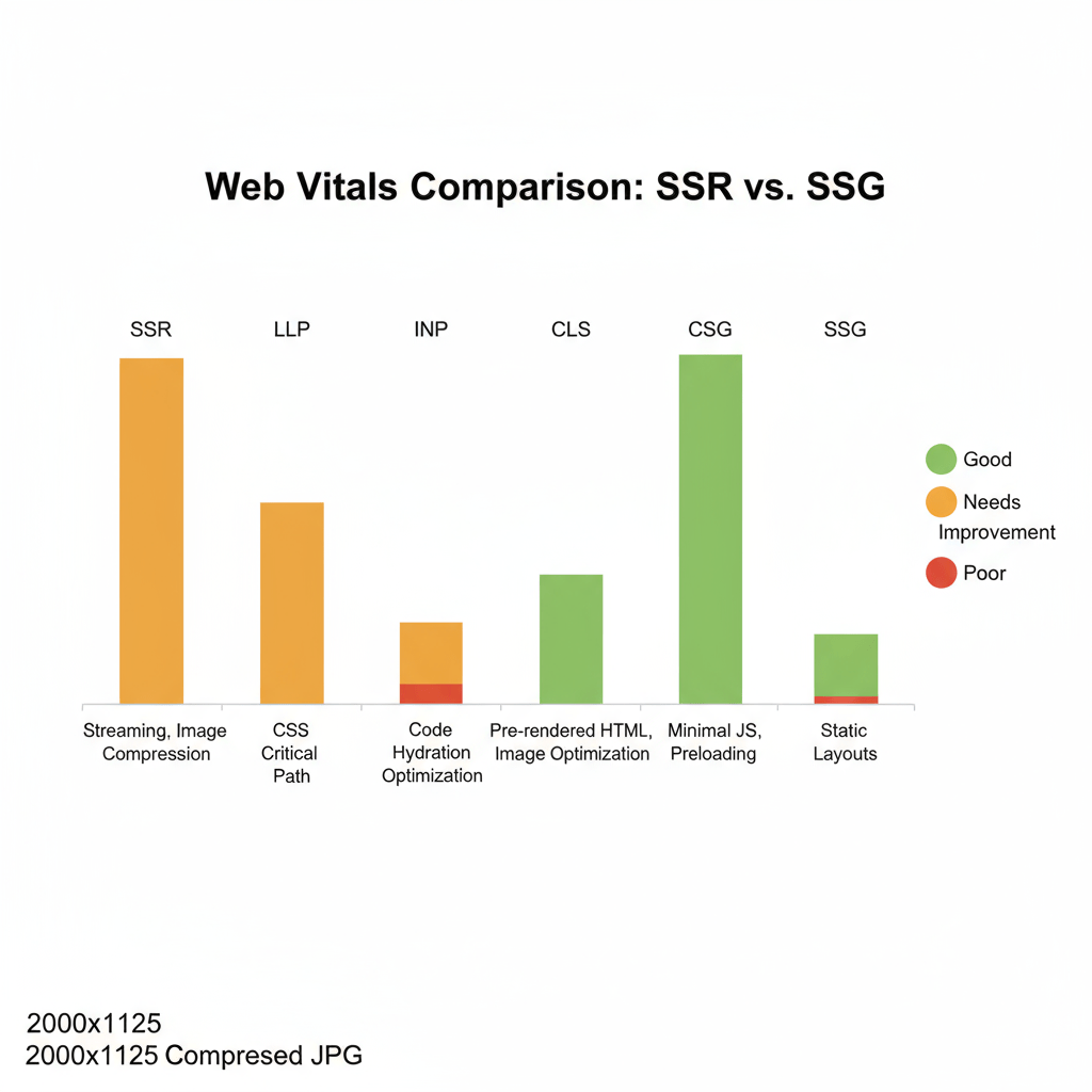 Core Web Vitals Comparison Bar chart comparing LCP, INP, and CLS across SSR and SSG builds