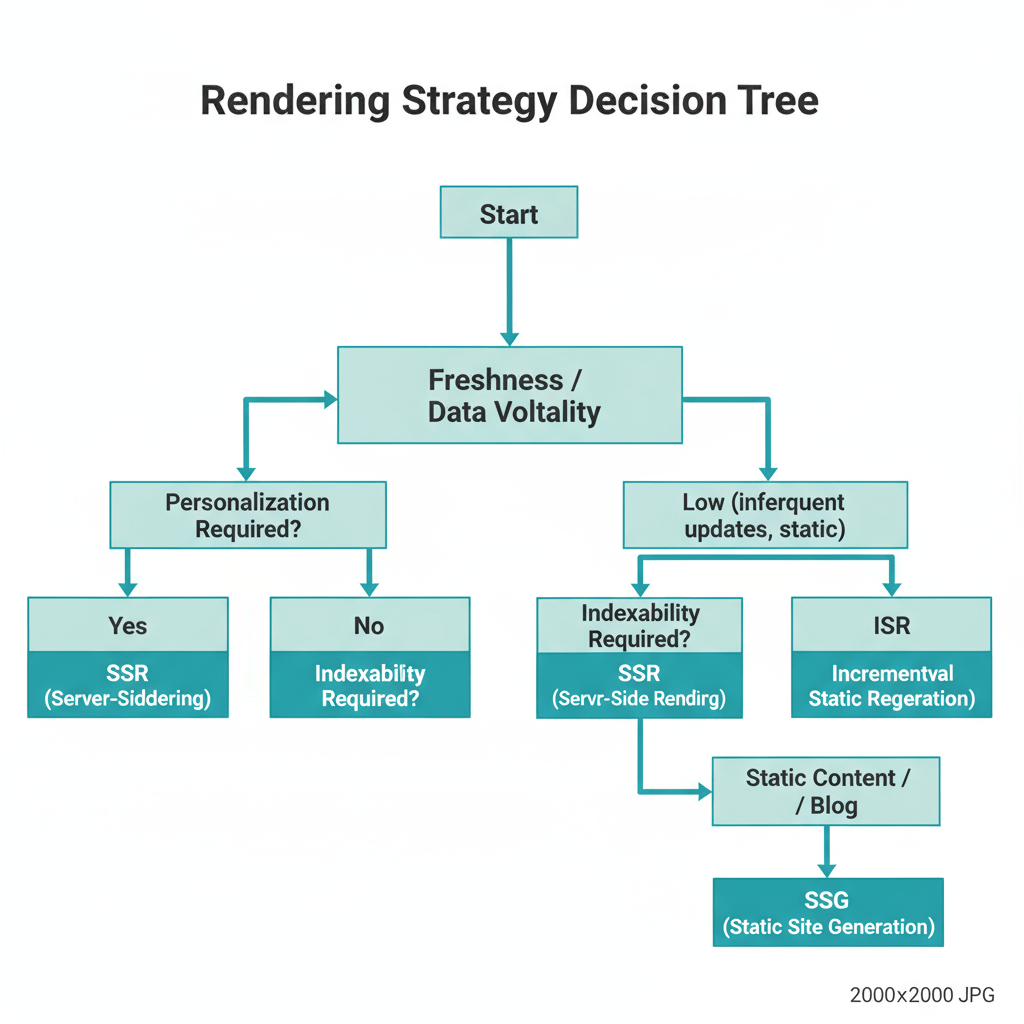 SSR vs SSG Decision Tree Decision tree for choosing SSR or SSG based on content freshness, personalization, and SEO goals