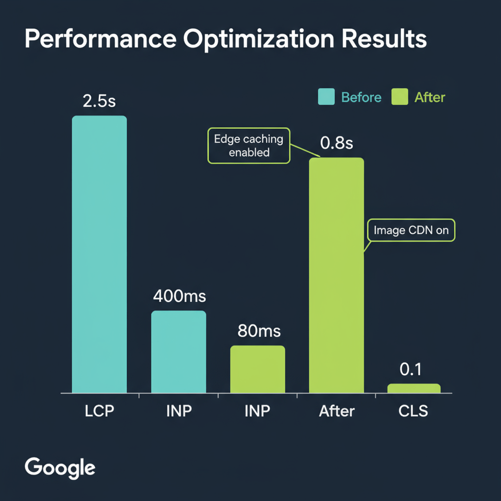 Core Web Vitals Before vs After CDN Chart of Core Web Vitals improving after enabling a CDN with image optimization