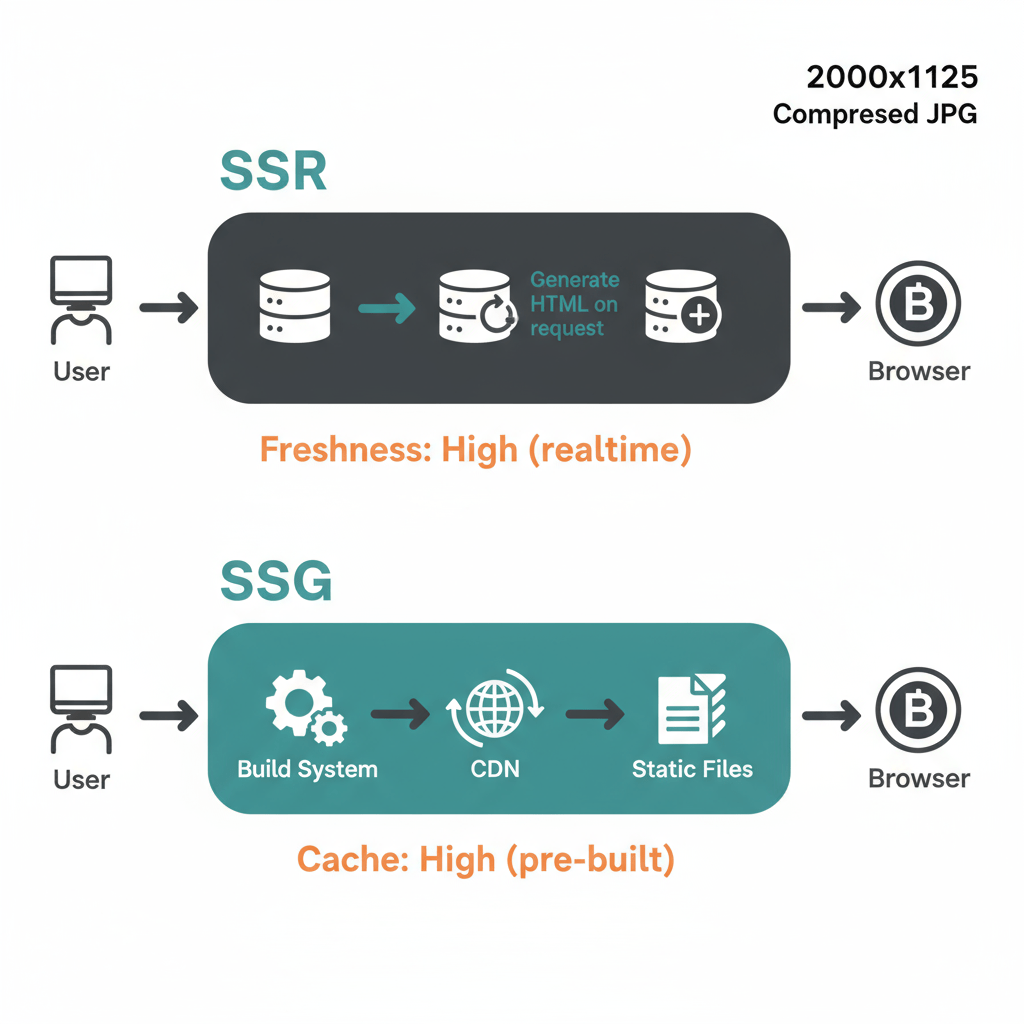 SSR and SSG Rendering Flows Flow diagram of server side rendering and static site generation for ssr vs ssg seo