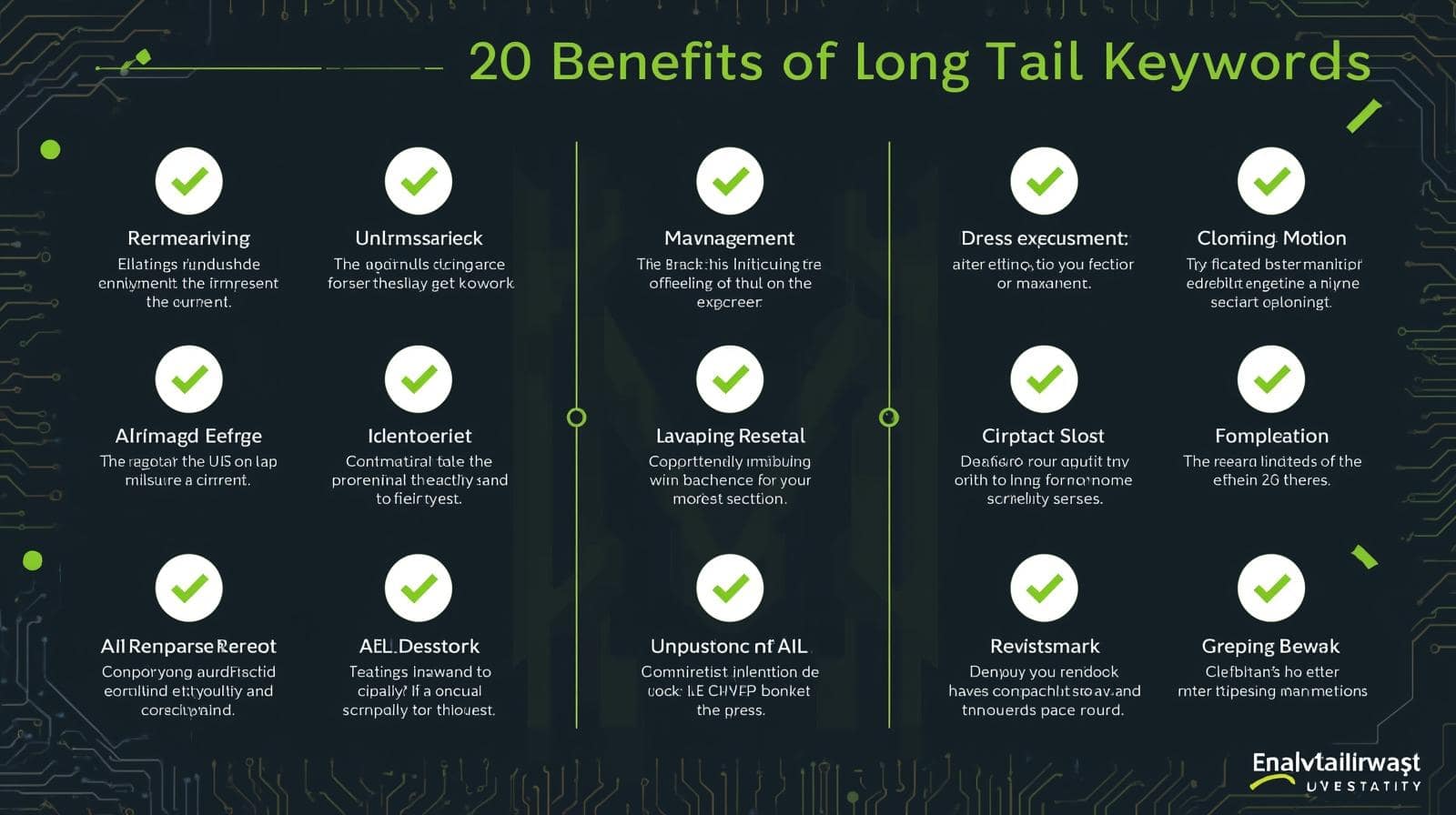 Image 4: Long-Tail Benefits Infographic Infographic of 20 benefits of long-tail keywords for generative AI content