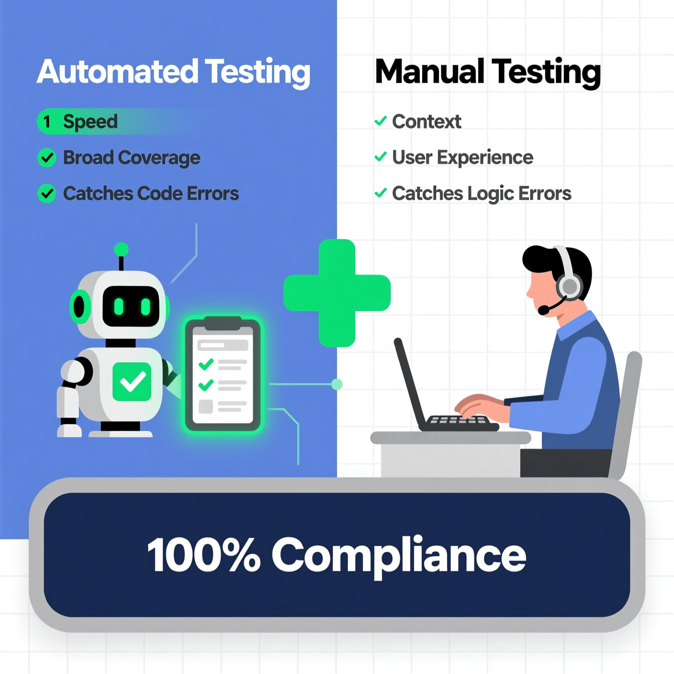 Automated vs. Manual Accessibility Testing A diagram comparing automated website accessibility testing tools with manual testing processes.