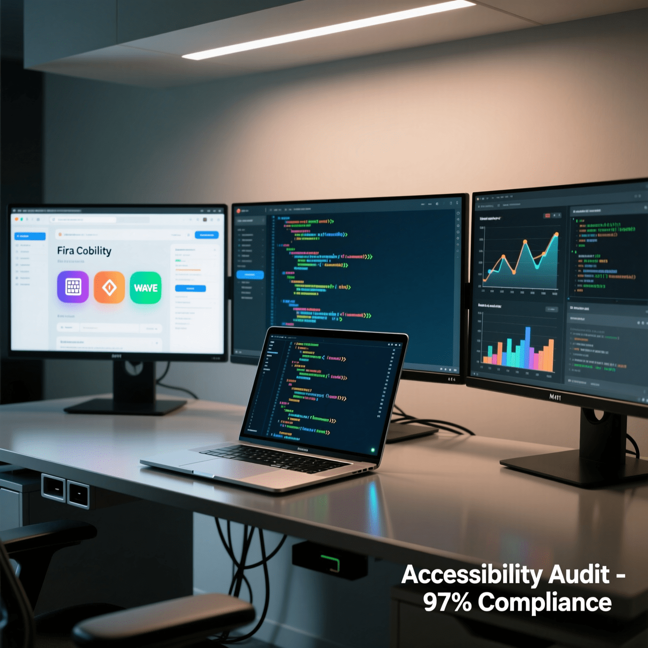 A Comprehensive Suite of Website Accessibility Testing Tools A developer's desk with multiple monitors showing code and results from various website accessibility testing tools.