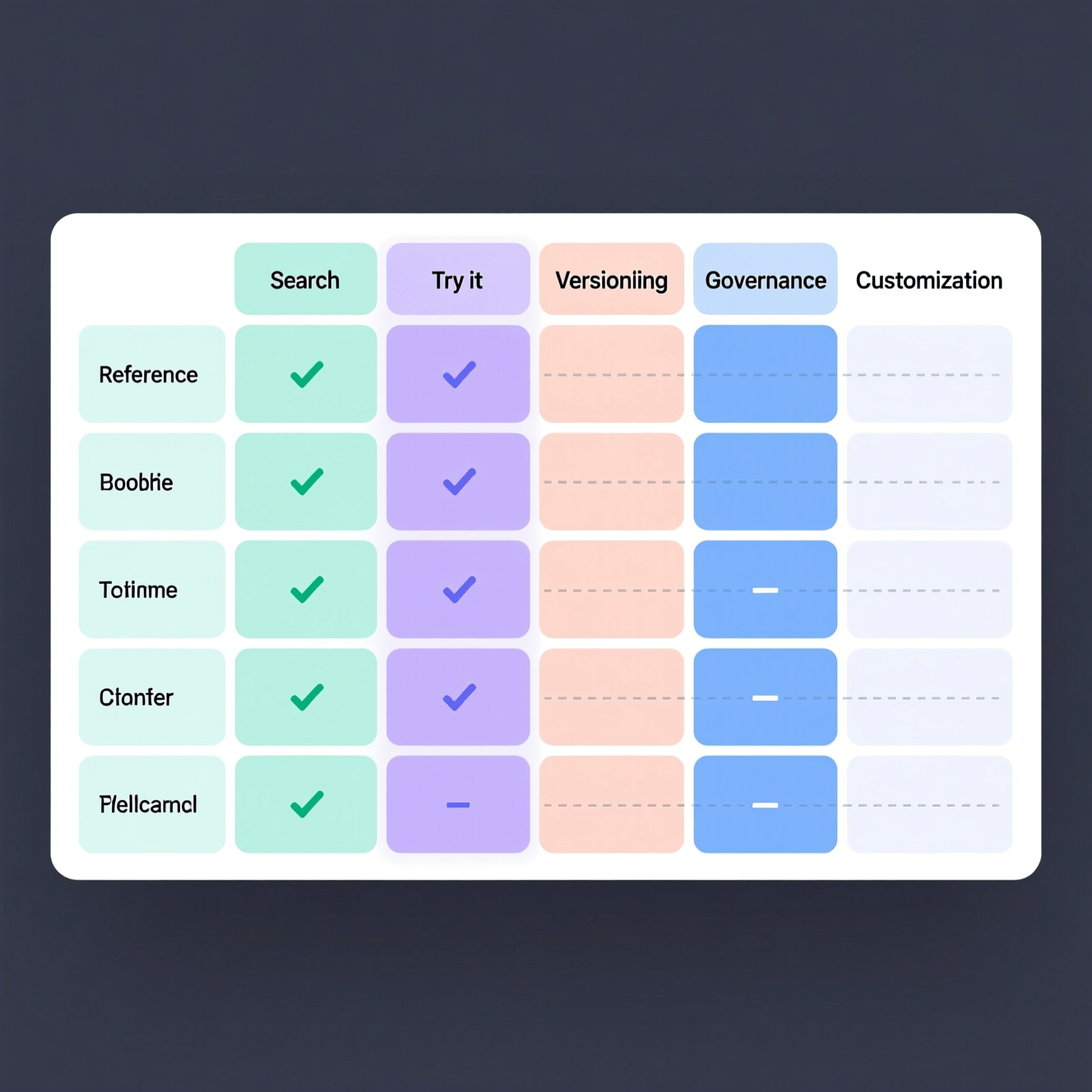 Feature Grid Comparison Feature grid comparing reference rendering, search, and governance across tools