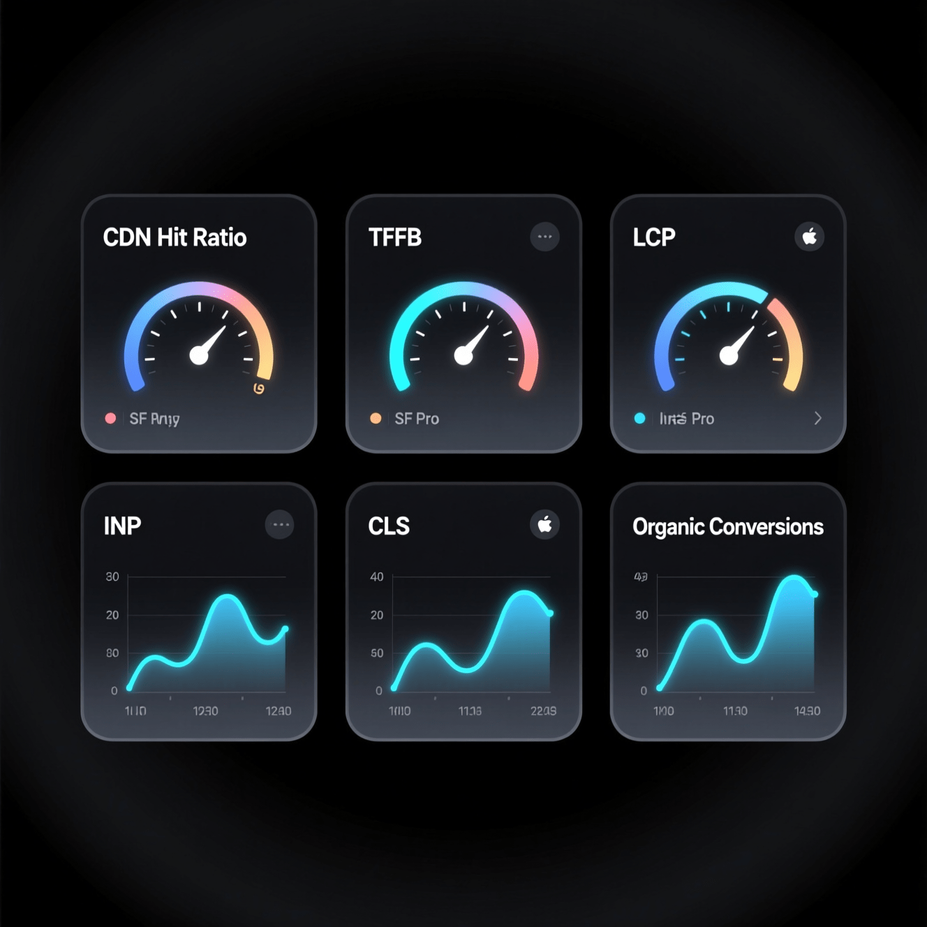 SEO Monitoring Dashboard Analytics dashboard correlating CDN hit ratio, Core Web Vitals, and organic conversions