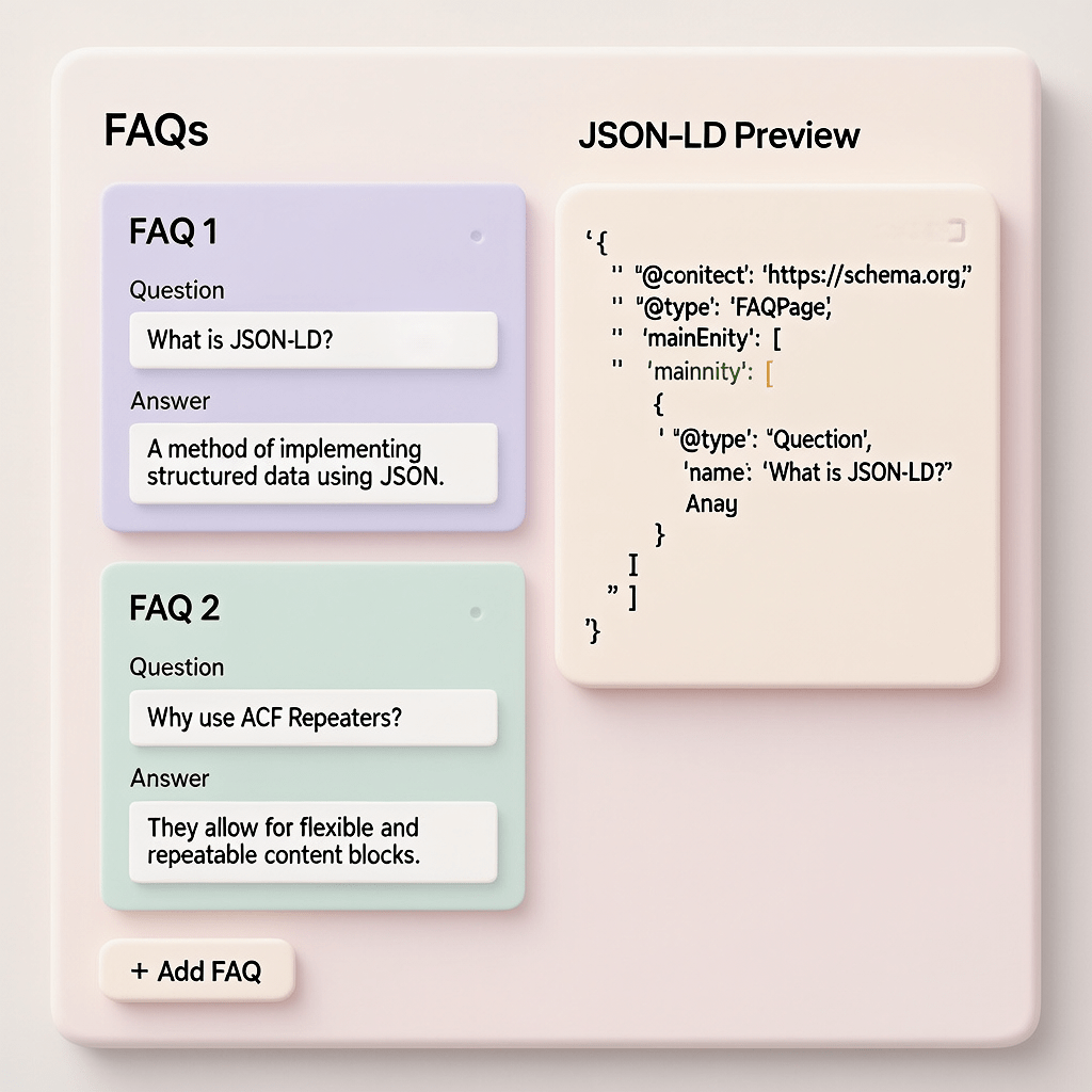 ACF Powered FAQ JSON-LD ACF workflow to add FAQ schema without plugin using dynamic JSON-LD