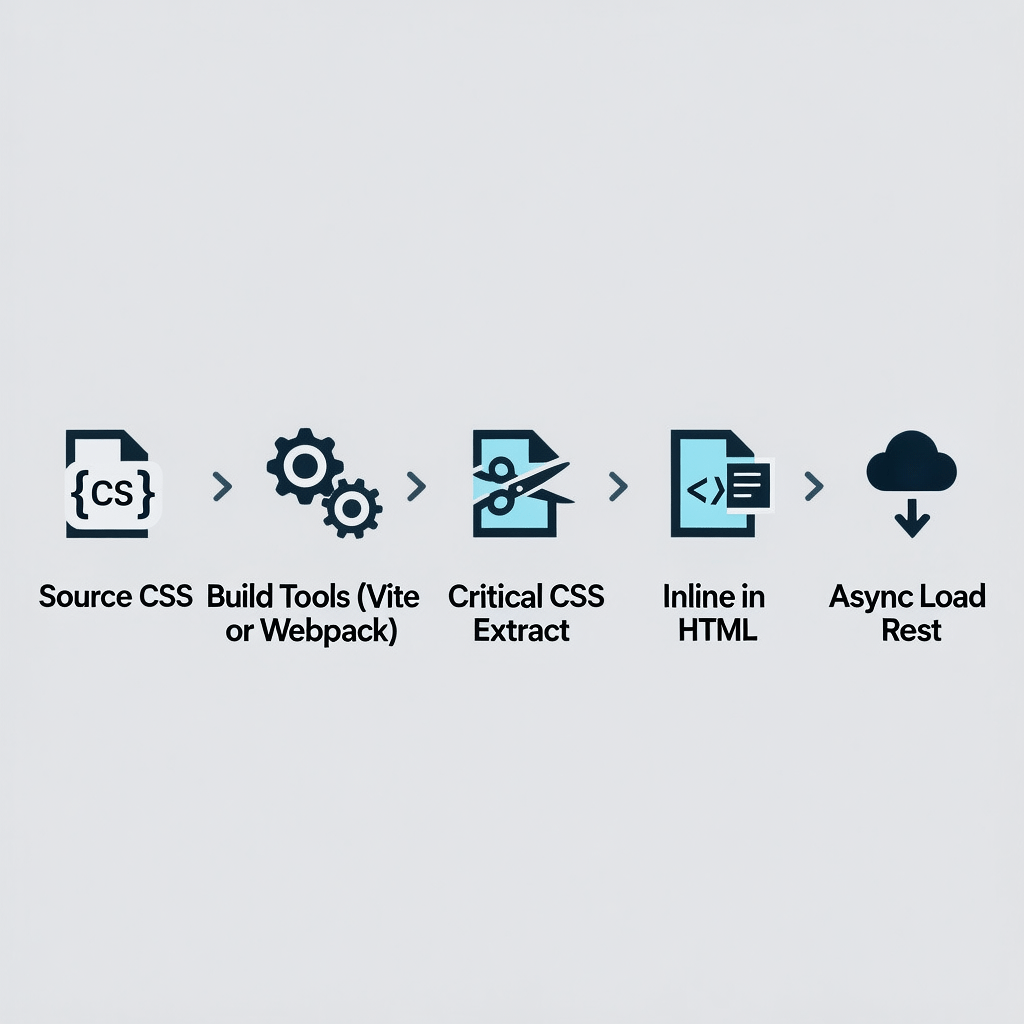 Build Workflow for Deferred CSS Build workflow showing CSS extraction, critical CSS inlining, and async loading