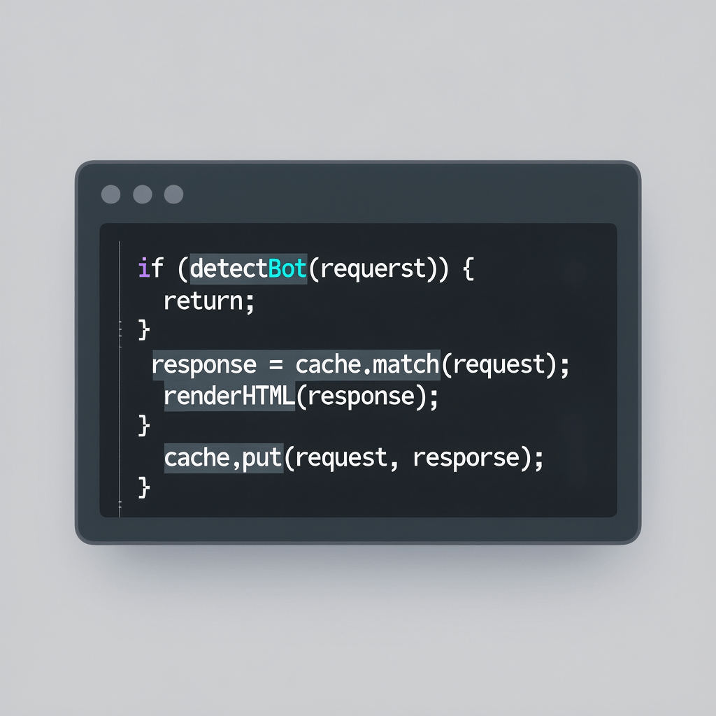 Cloudflare Workers Code Flow Code flow depicting prerendering with Cloudflare Workers including bot detection, cache lookup, and render step